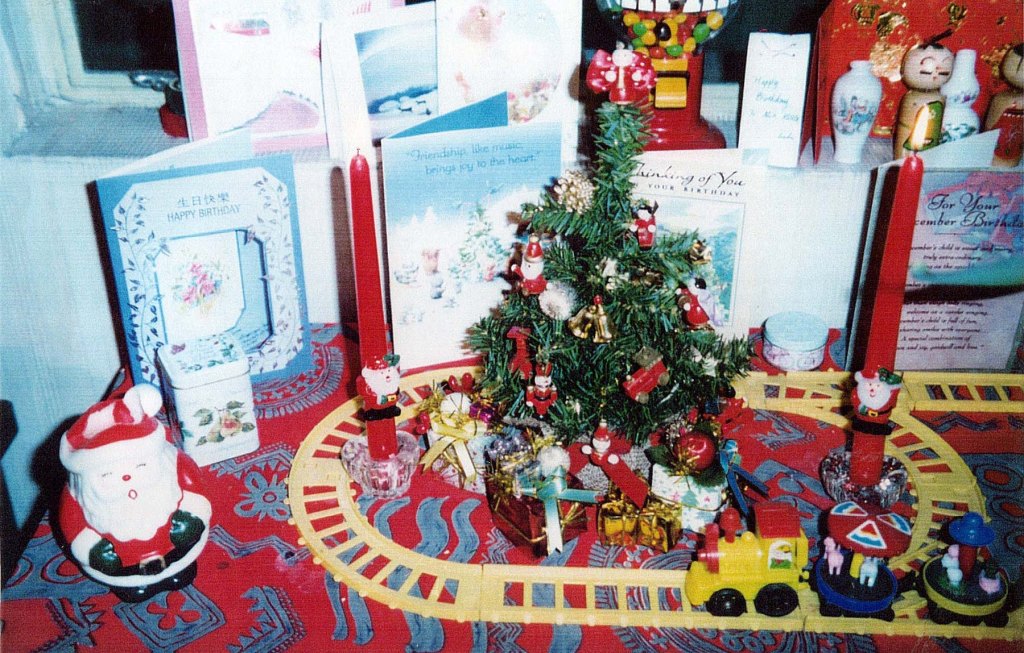 Christmas Tree with Train Set, Cards, and Santa